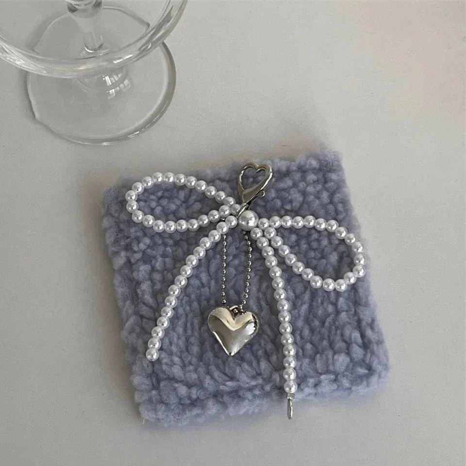 White Bowknot Heart Keychain Women Sweet Charm Pearl Bow Backpack Key Ring Handmade Jewelry Ornament Bags Pendants Gif
