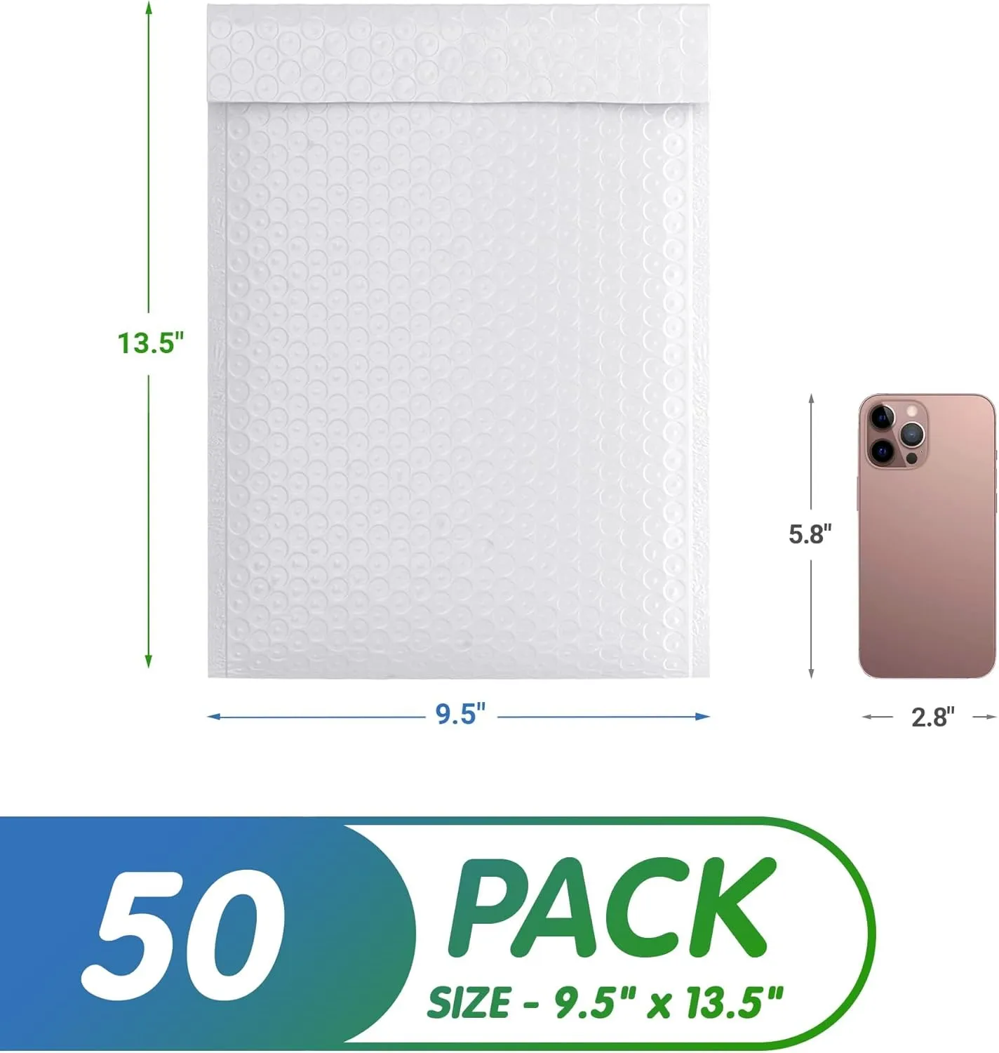 White Poly Bubble Mailers Self Seal, 9.5 x 13.5 Inch. 50 Pack Bubble Packaging Envelopes for Shipping. Durable Sealed Mailing Envelopes Bubble Padded. Waterproof Bubble Bags for Shipping