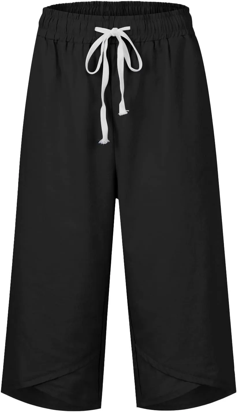 Wide Leg Capri Pants for Women Drawstring High Waisted Linen Palazzo Lounge Pants Summer Plus Size Comfy Sweatpant