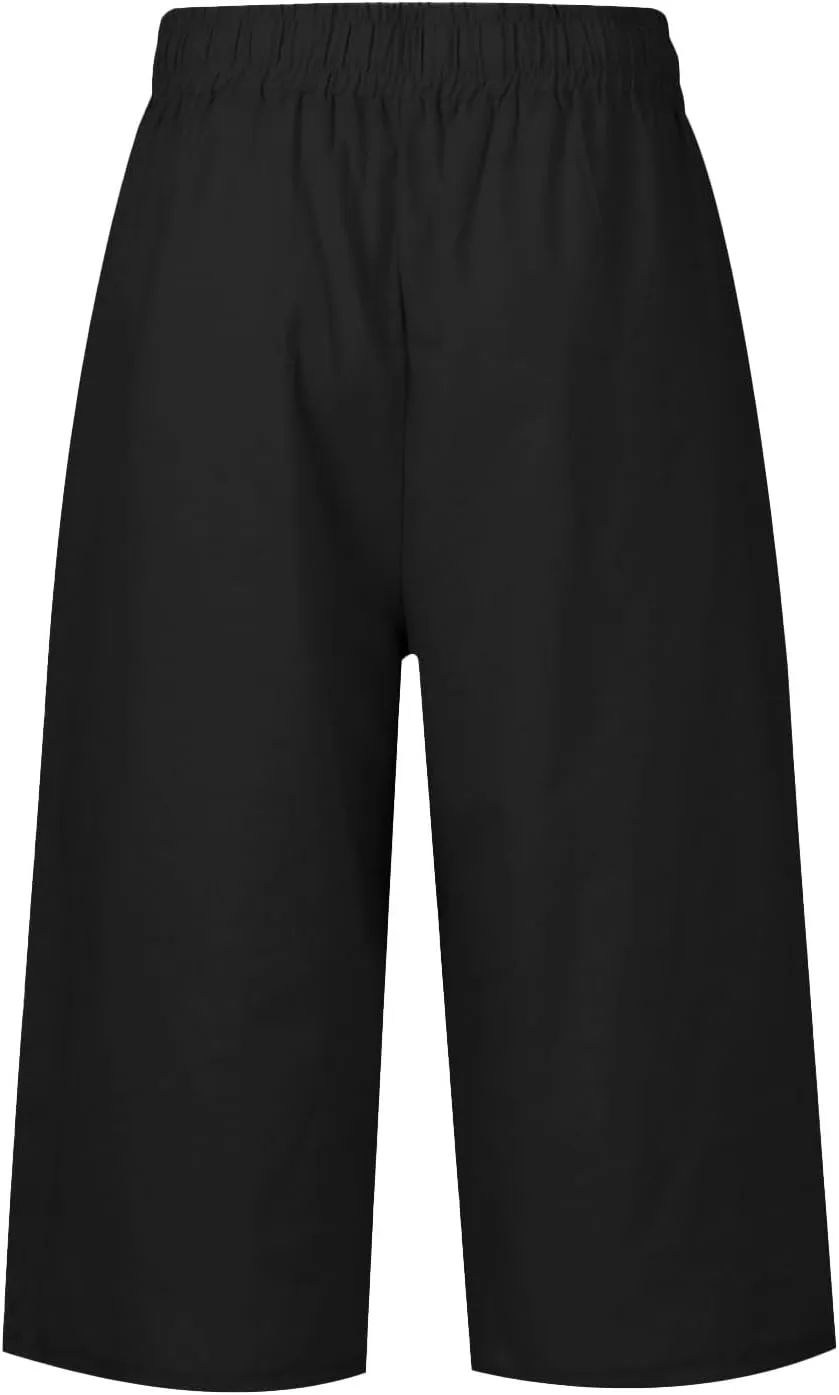 Wide Leg Capri Pants for Women Drawstring High Waisted Linen Palazzo Lounge Pants Summer Plus Size Comfy Sweatpant