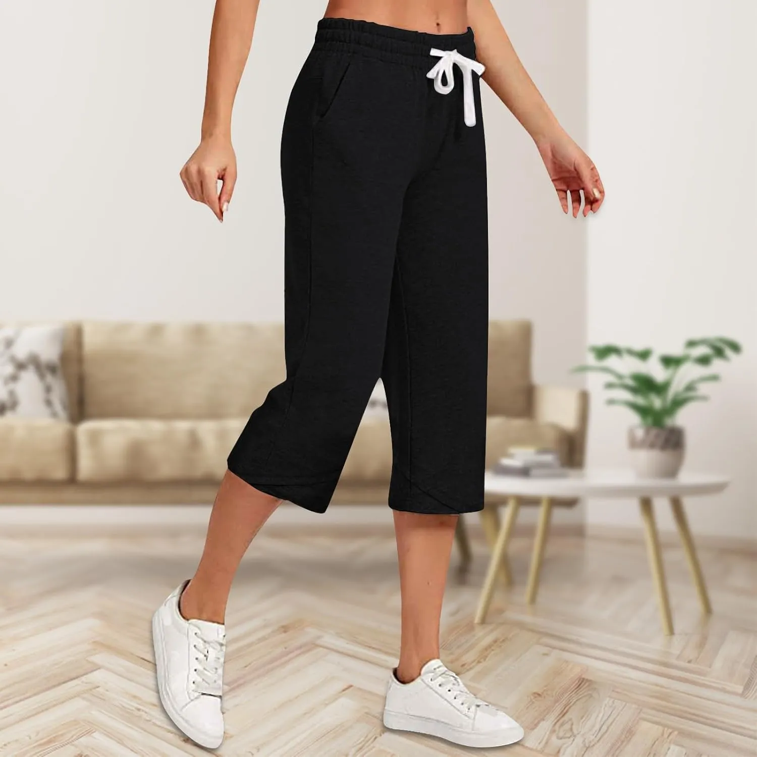 Wide Leg Capri Pants for Women Drawstring High Waisted Linen Palazzo Lounge Pants Summer Plus Size Comfy Sweatpant