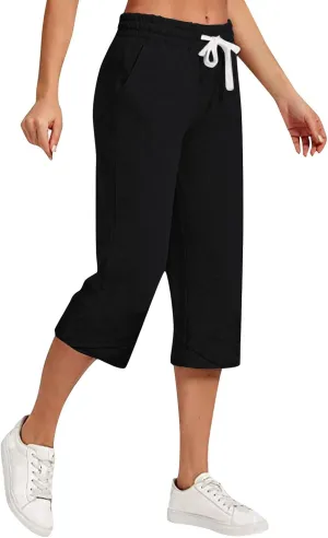 Wide Leg Capri Pants for Women Drawstring High Waisted Linen Palazzo Lounge Pants Summer Plus Size Comfy Sweatpant