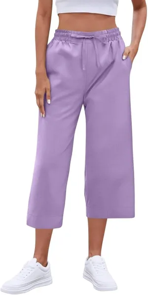 Wide Leg Capri Pants for Women Elastic High Waist Straight Leg Palazzo Trousers Summer Beach Vacation Lounge Pants