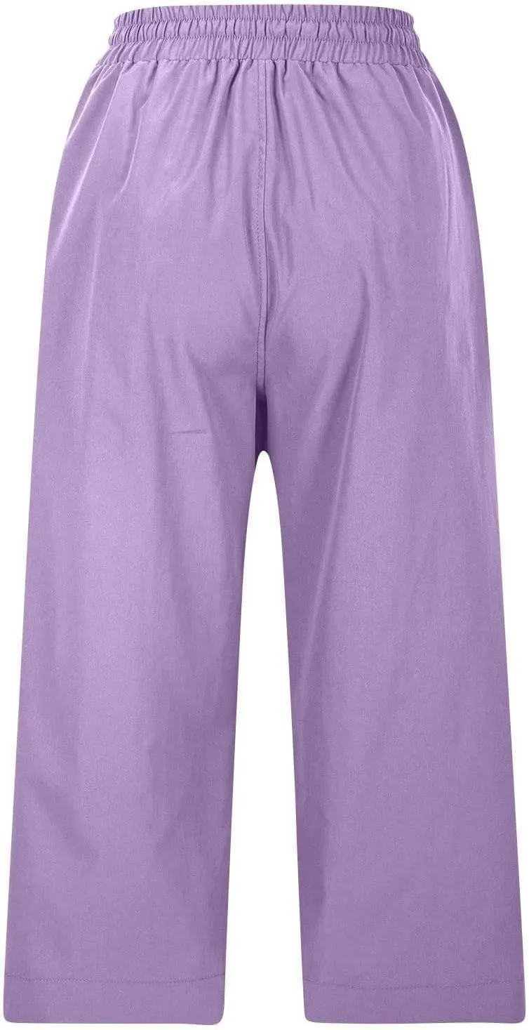 Wide Leg Capri Pants for Women Elastic High Waist Straight Leg Palazzo Trousers Summer Beach Vacation Lounge Pants