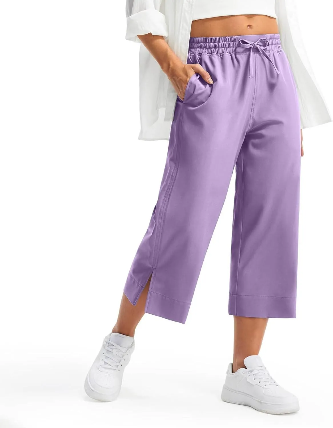 Wide Leg Capri Pants for Women Elastic High Waist Straight Leg Palazzo Trousers Summer Beach Vacation Lounge Pants