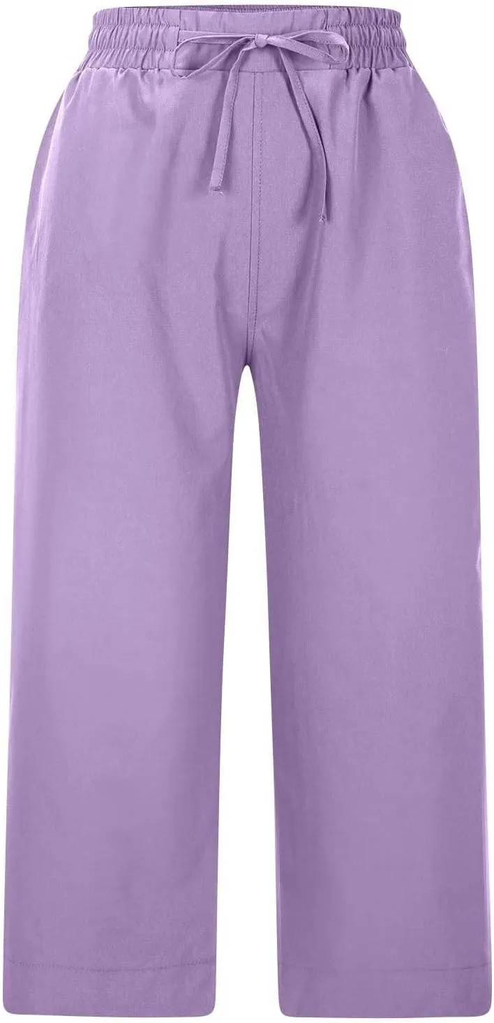 Wide Leg Capri Pants for Women Elastic High Waist Straight Leg Palazzo Trousers Summer Beach Vacation Lounge Pants