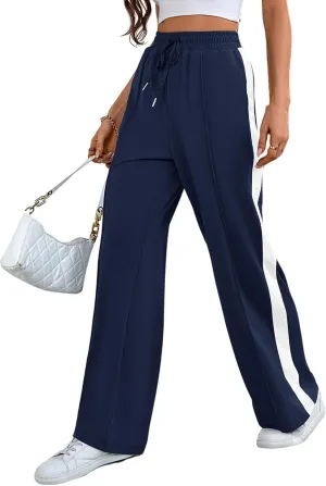 Wide Leg Sweatpants Women High Waisted Baggy Sweat Pants Active Striped Track Pants with Pockets