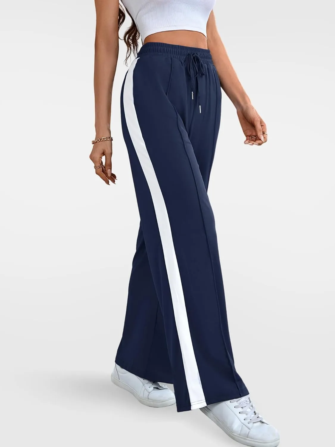 Wide Leg Sweatpants Women High Waisted Baggy Sweat Pants Active Striped Track Pants with Pockets