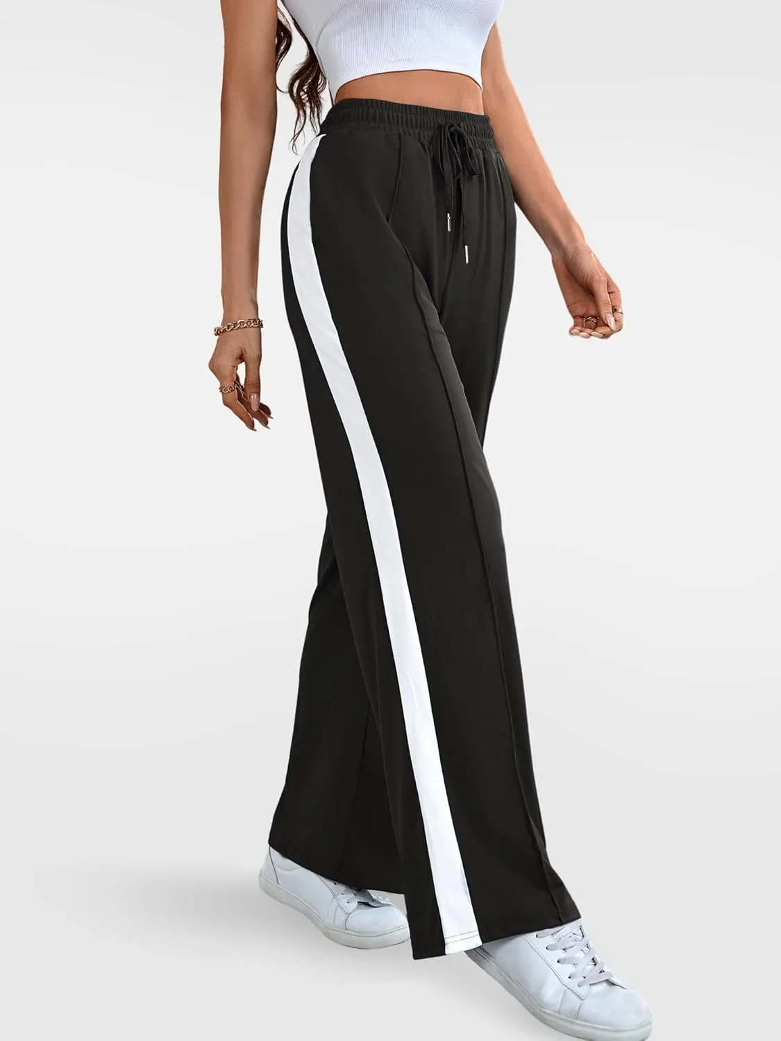 Wide Leg Sweatpants Women High Waisted Baggy Sweat Pants Active Striped Track Pants with Pockets
