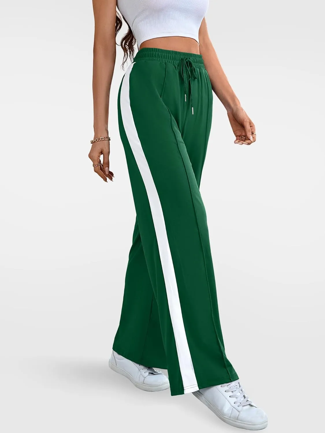 Wide Leg Sweatpants Women High Waisted Baggy Sweat Pants Active Striped Track Pants with Pockets