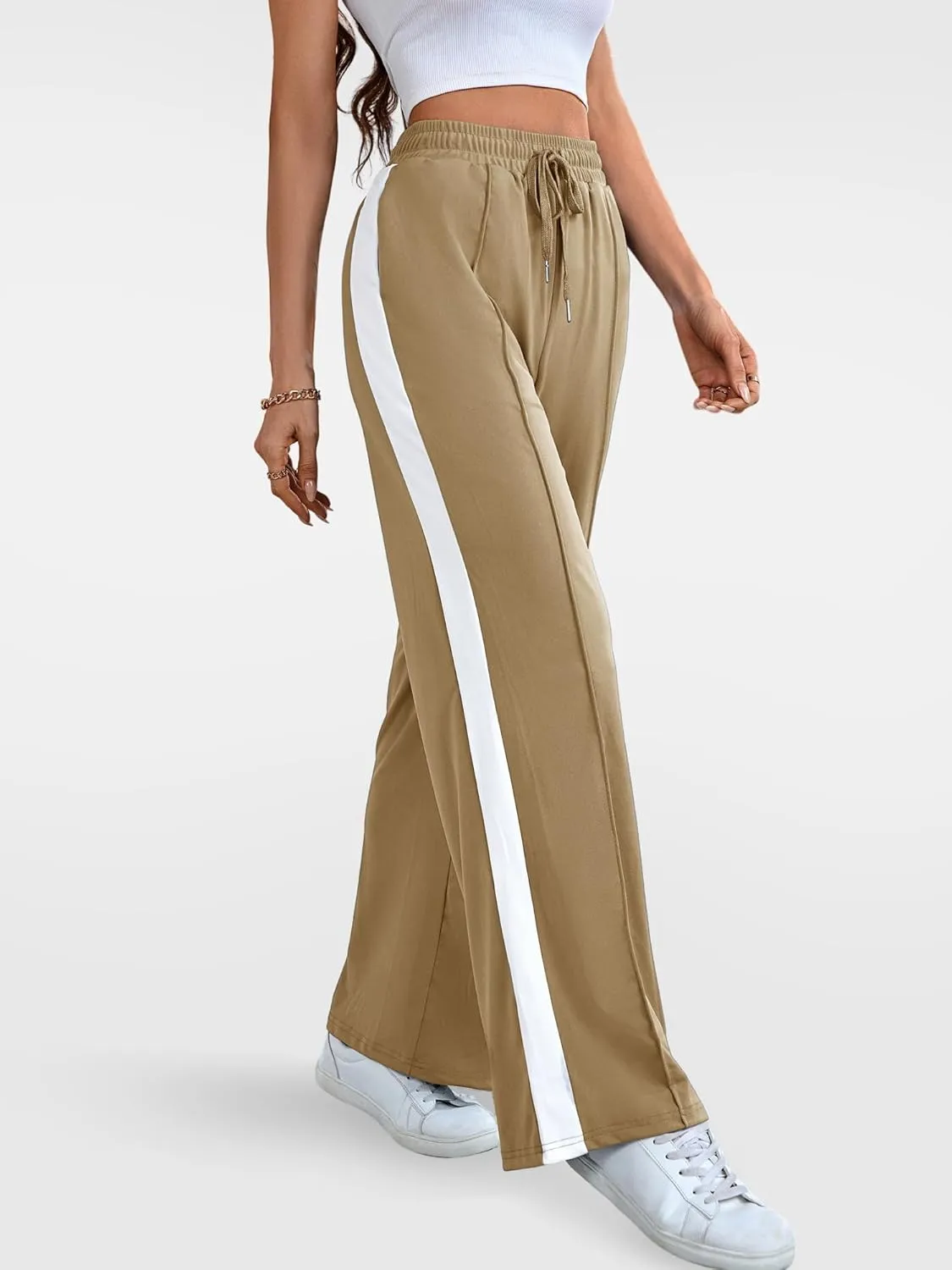 Wide Leg Sweatpants Women High Waisted Baggy Sweat Pants Active Striped Track Pants with Pockets