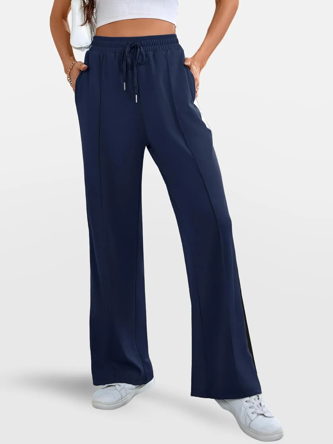 Wide Leg Sweatpants Women High Waisted Baggy Sweat Pants Active Striped Track Pants with Pockets