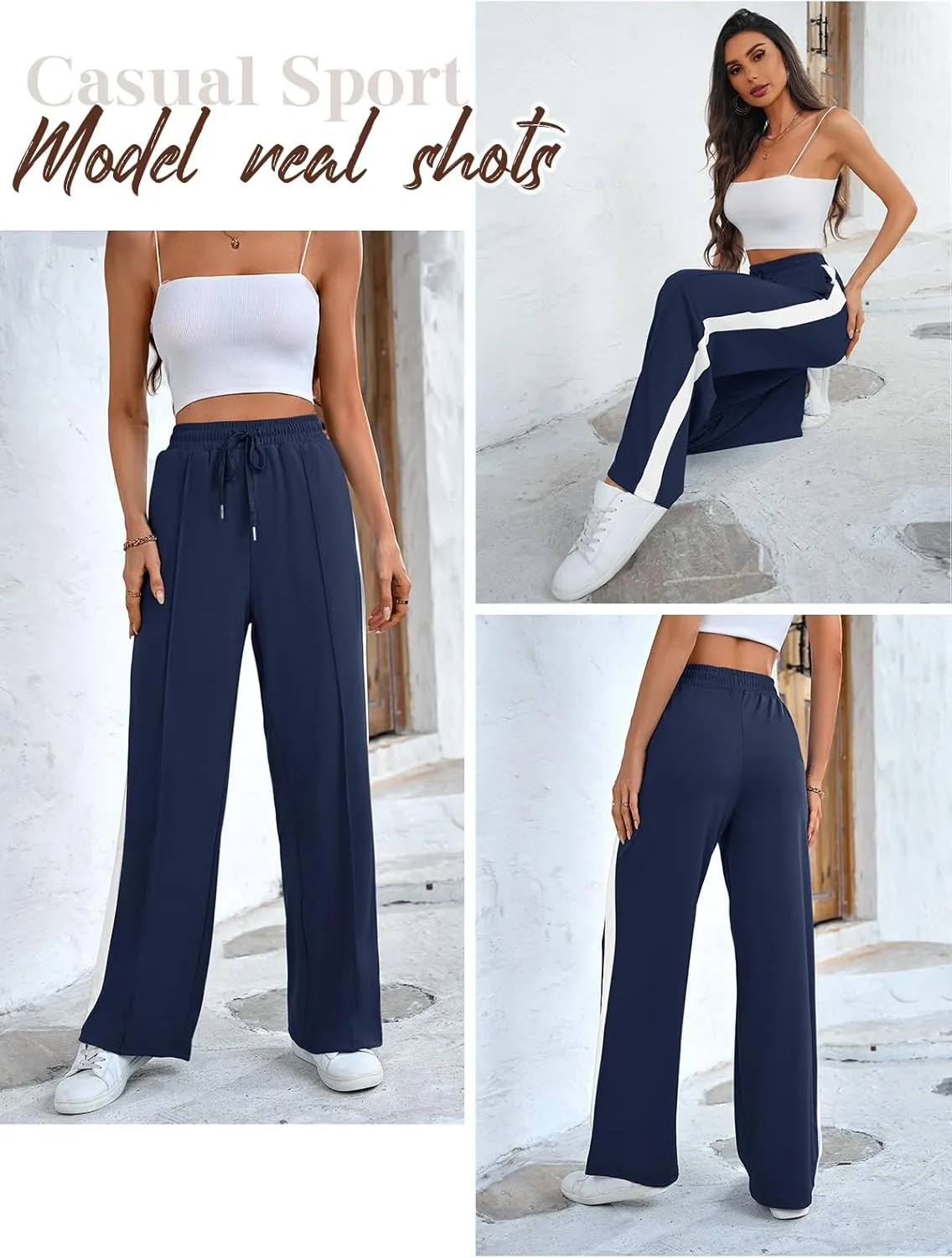 Wide Leg Sweatpants Women High Waisted Baggy Sweat Pants Active Striped Track Pants with Pockets