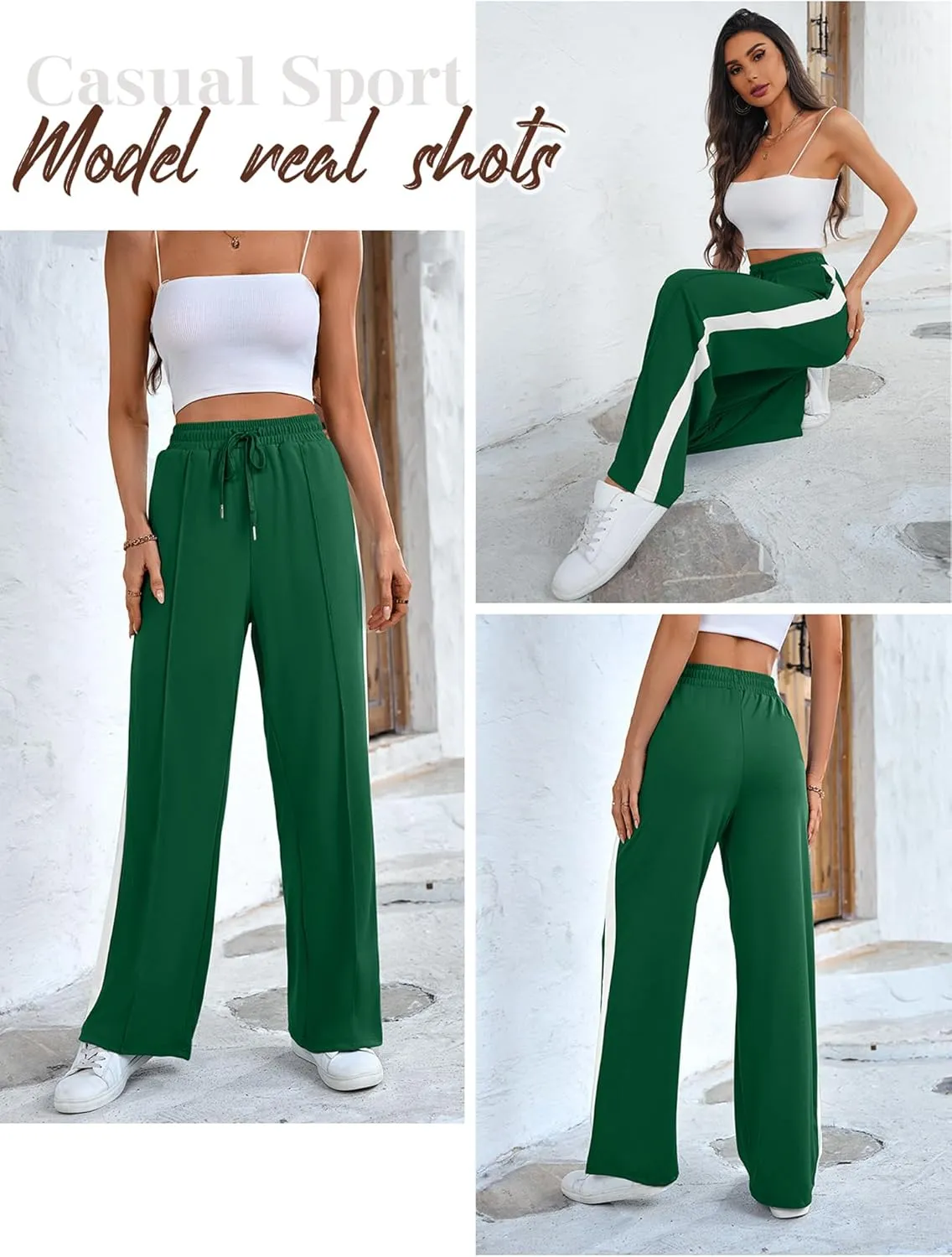 Wide Leg Sweatpants Women High Waisted Baggy Sweat Pants Active Striped Track Pants with Pockets