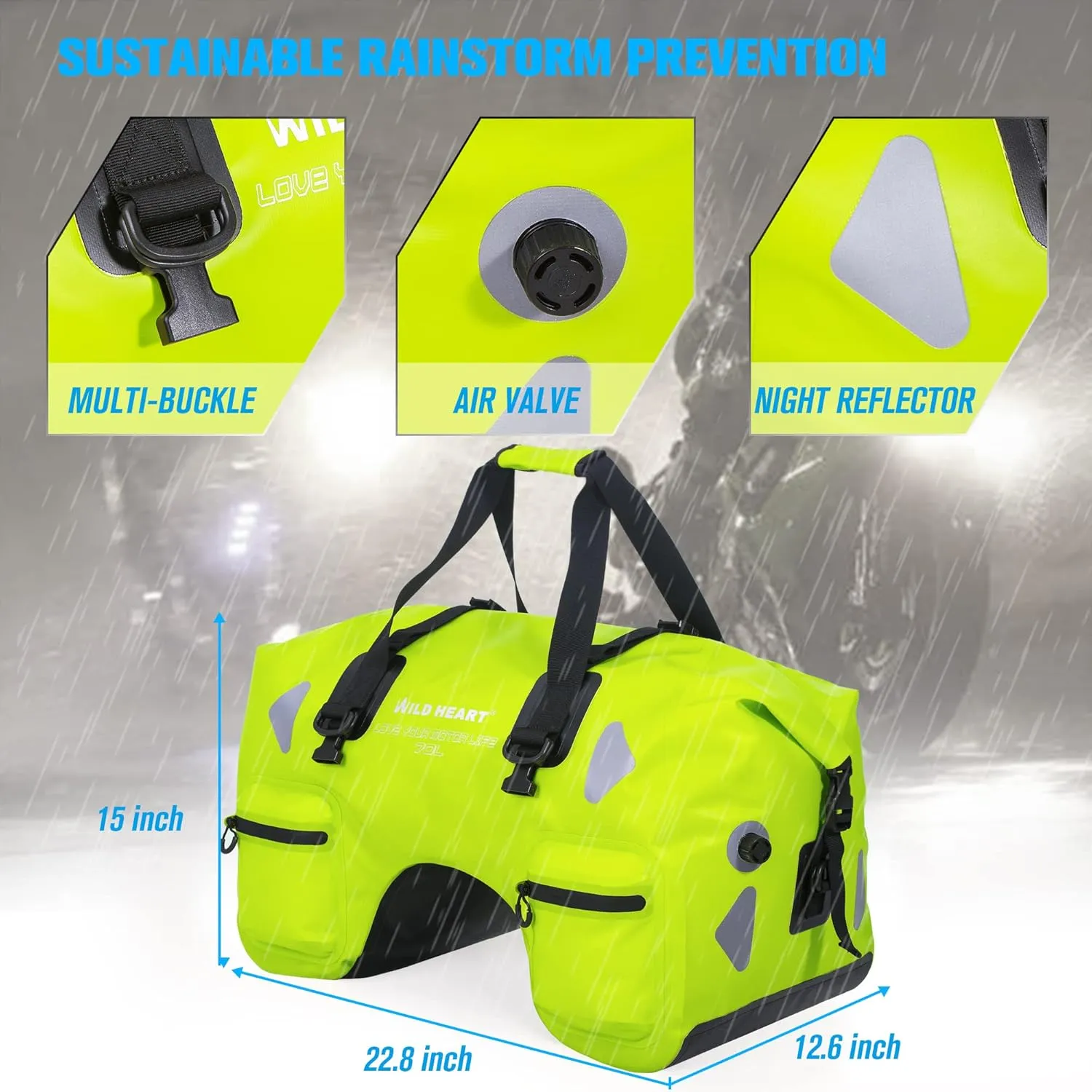 WILD HEART Dry Motorcycle Tail bag 70L/50L With Rope Straps and Inner Pocket Waterproof PVC 500D for Travel,Motorcycle and so on