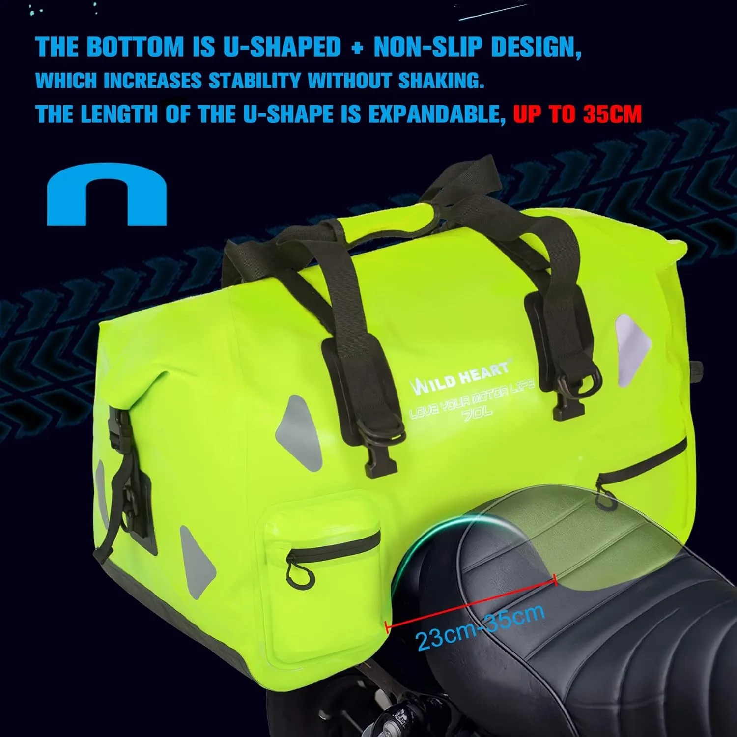 WILD HEART Dry Motorcycle Tail bag 70L/50L With Rope Straps and Inner Pocket Waterproof PVC 500D for Travel,Motorcycle and so on