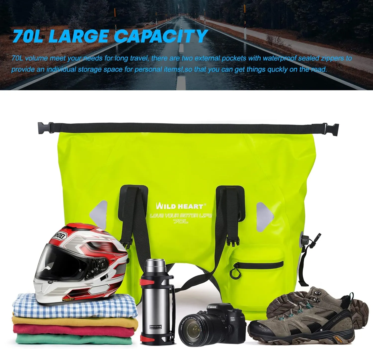 WILD HEART Dry Motorcycle Tail bag 70L/50L With Rope Straps and Inner Pocket Waterproof PVC 500D for Travel,Motorcycle and so on