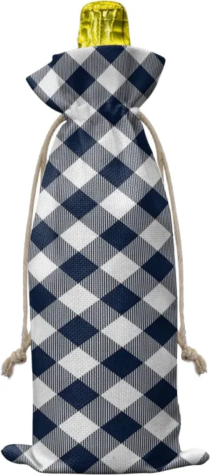 Wine Bags for Wine Bottles Gifts, Wine Bottle Bag with Drawstrings, Pastoral Style Navy Blue Lattice Wine Tote for Travel, Birthday, Blind Tastings, Christmas, Home Storage