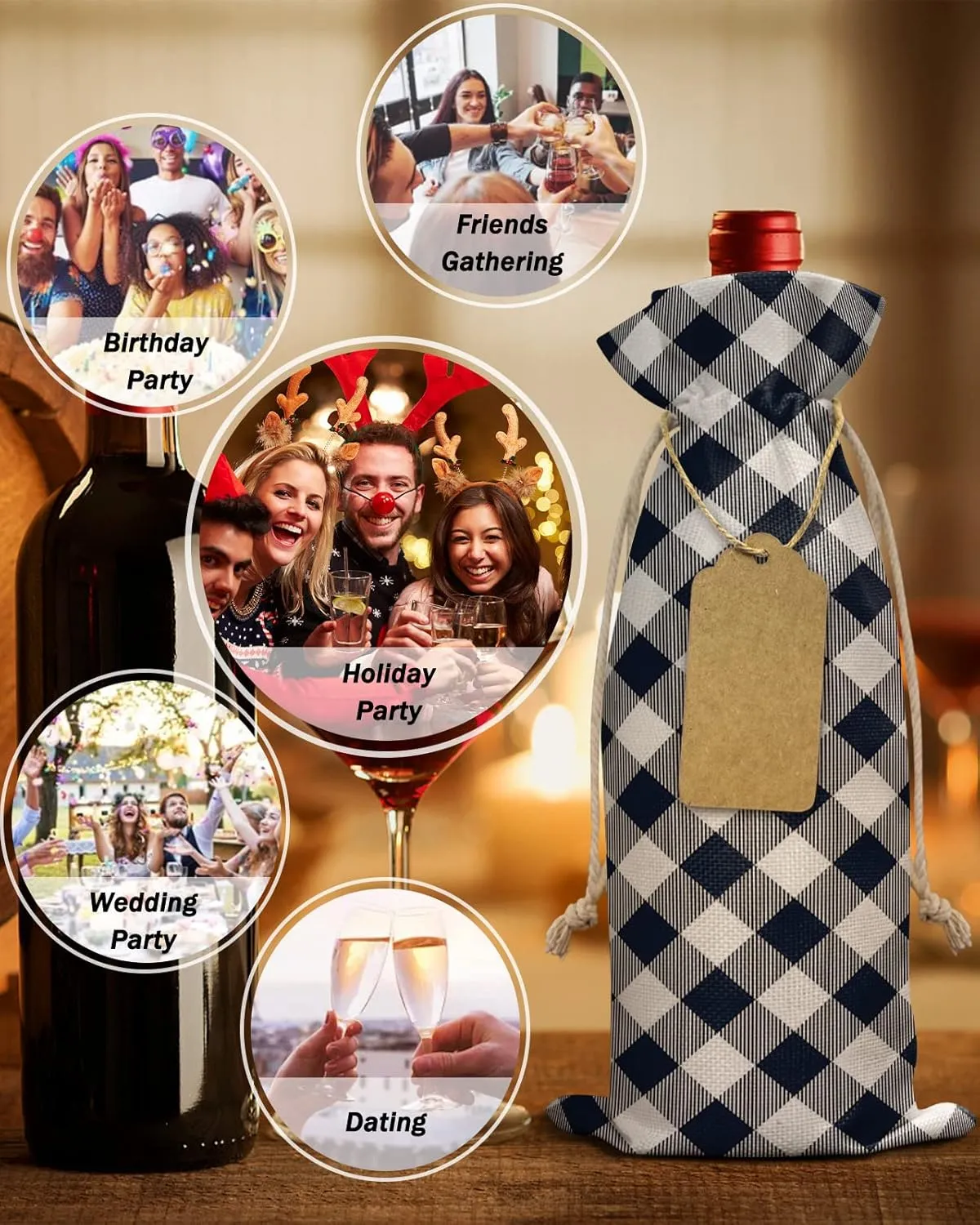 Wine Bags for Wine Bottles Gifts, Wine Bottle Bag with Drawstrings, Pastoral Style Navy Blue Lattice Wine Tote for Travel, Birthday, Blind Tastings, Christmas, Home Storage