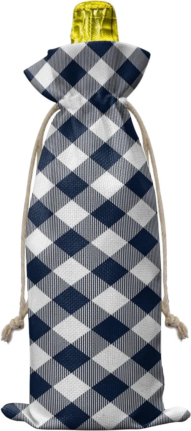 Wine Bags for Wine Bottles Gifts, Wine Bottle Bag with Drawstrings, Pastoral Style Navy Blue Lattice Wine Tote for Travel, Birthday, Blind Tastings, Christmas, Home Storage