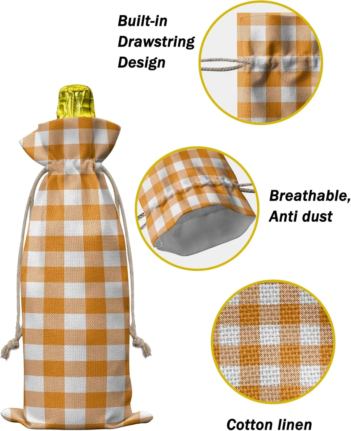 Wine Bags for Wine Bottles Gifts, Wine Bottle Bag with Drawstrings, Pastoral Style Orange Lattice Wine Tote for Travel, Birthday, Blind Tastings, Christmas, Home Storage