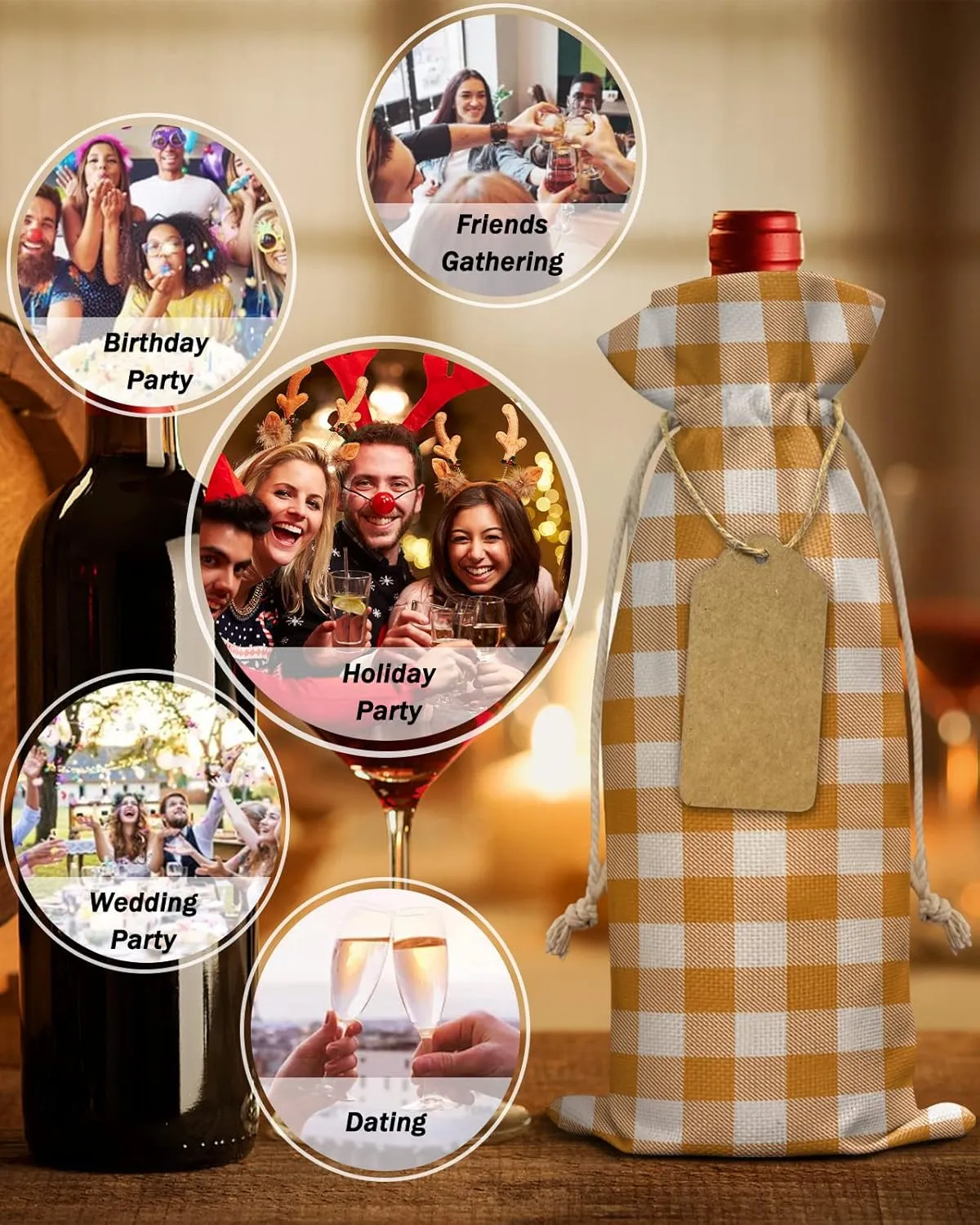 Wine Bags for Wine Bottles Gifts, Wine Bottle Bag with Drawstrings, Pastoral Style Orange Lattice Wine Tote for Travel, Birthday, Blind Tastings, Christmas, Home Storage