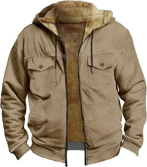 Winter Sherpa Hooded Jacket for Men Drawstring Fleece Lined Warm Hoodies Zip Up Thick Heavyweight Cargo Coats Outwear