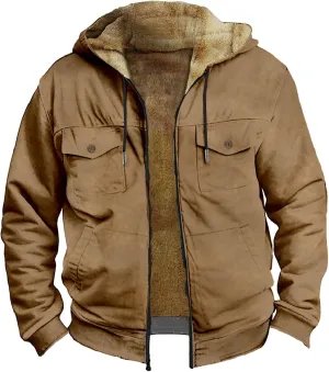 Winter Sherpa Hooded Jacket for Men Drawstring Fleece Lined Warm Hoodies Zip Up Thick Heavyweight Cargo Coats Outwear