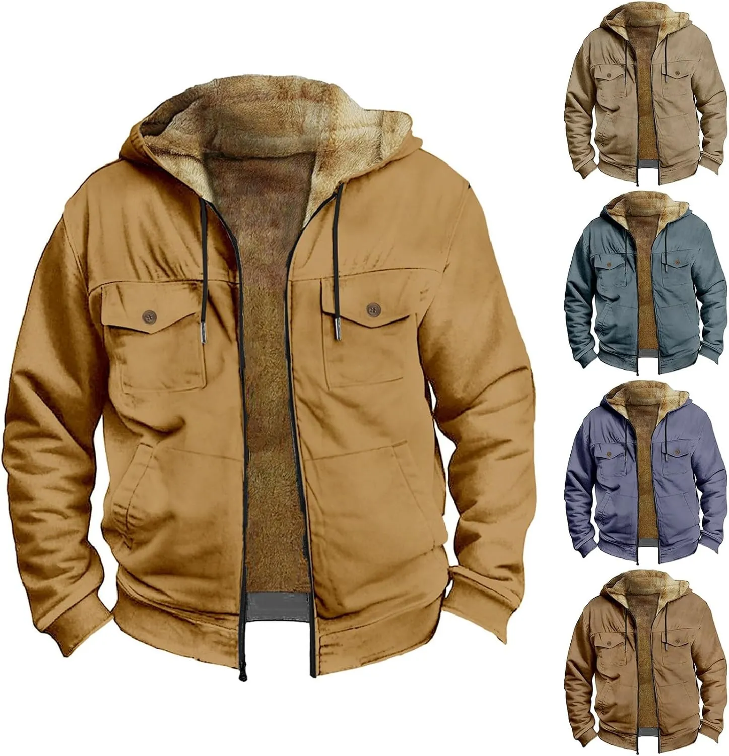 Winter Sherpa Hooded Jacket for Men Drawstring Fleece Lined Warm Hoodies Zip Up Thick Heavyweight Cargo Coats Outwear