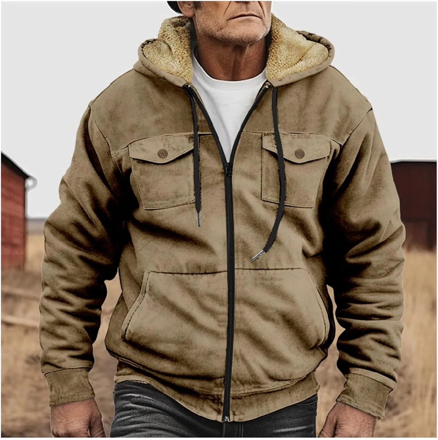 Winter Sherpa Hooded Jacket for Men Drawstring Fleece Lined Warm Hoodies Zip Up Thick Heavyweight Cargo Coats Outwear