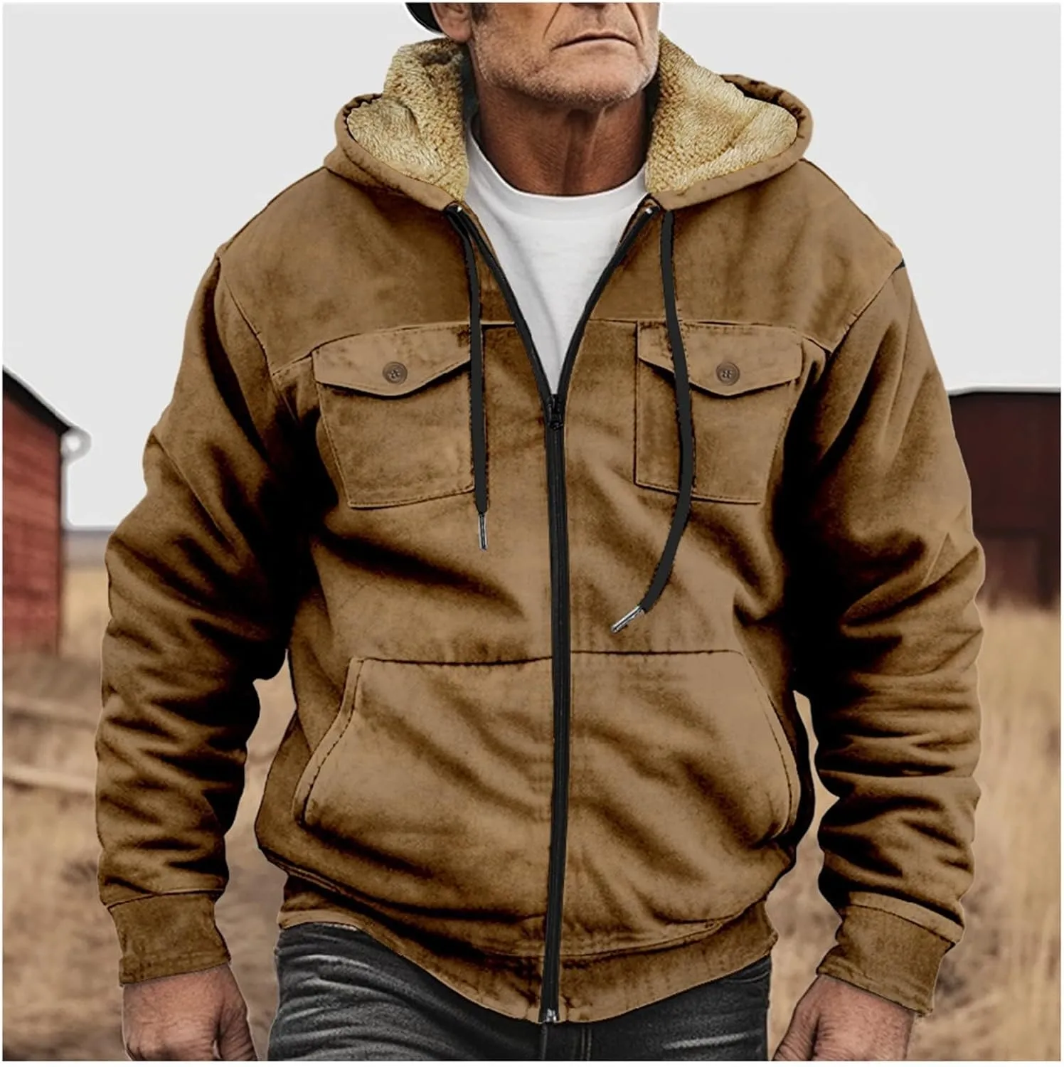 Winter Sherpa Hooded Jacket for Men Drawstring Fleece Lined Warm Hoodies Zip Up Thick Heavyweight Cargo Coats Outwear