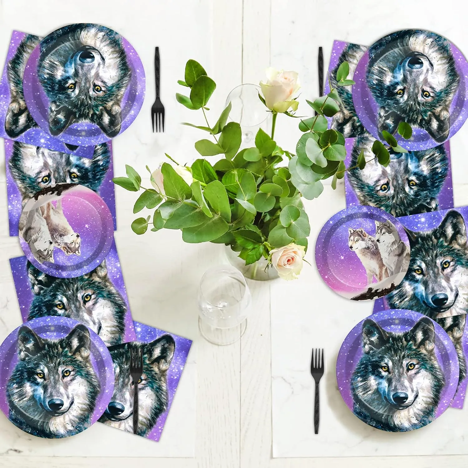 Wiooffen 96 Pcs Wolf Party Supplies Plates Napkins Forks Tableware Set Wolf Animal Birthday Disposable Dinnerware Decoration for Boys Girls Birthday Baby Shower, 24 Guests