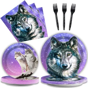 Wiooffen 96 Pcs Wolf Party Supplies Plates Napkins Forks Tableware Set Wolf Animal Birthday Disposable Dinnerware Decoration for Boys Girls Birthday Baby Shower, 24 Guests