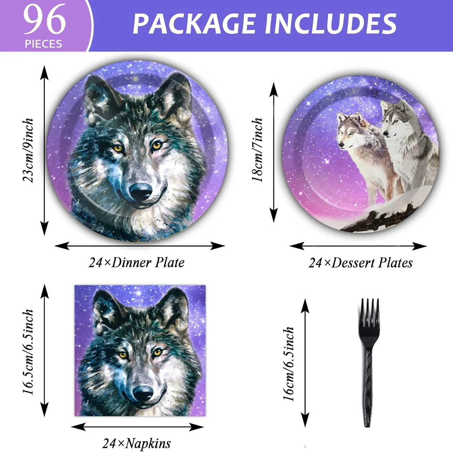 Wiooffen 96 Pcs Wolf Party Supplies Plates Napkins Forks Tableware Set Wolf Animal Birthday Disposable Dinnerware Decoration for Boys Girls Birthday Baby Shower, 24 Guests