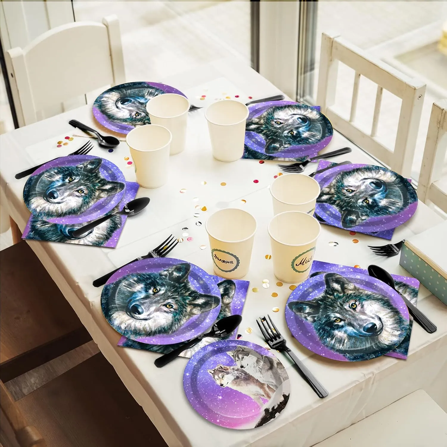 Wiooffen 96 Pcs Wolf Party Supplies Plates Napkins Forks Tableware Set Wolf Animal Birthday Disposable Dinnerware Decoration for Boys Girls Birthday Baby Shower, 24 Guests