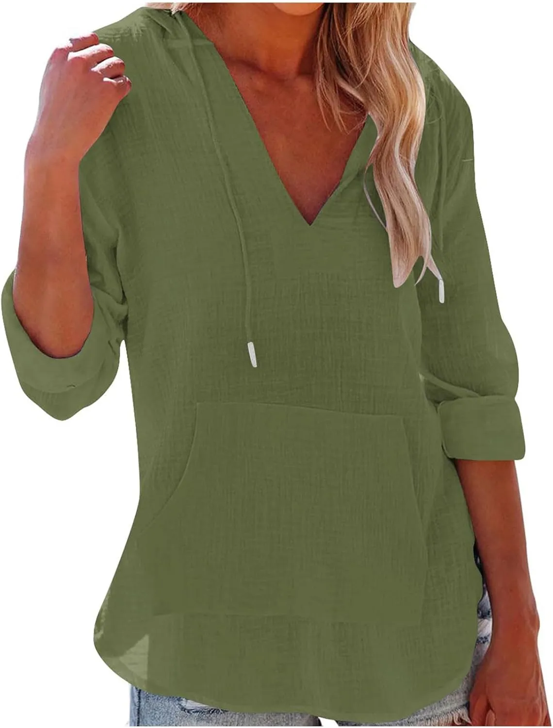 Wkishenl Women's Casual Long Sleeve Tops Drawstring Hooded Solid Color Sweatshirt Summer and Fall V-Neck Pullover with Pocket