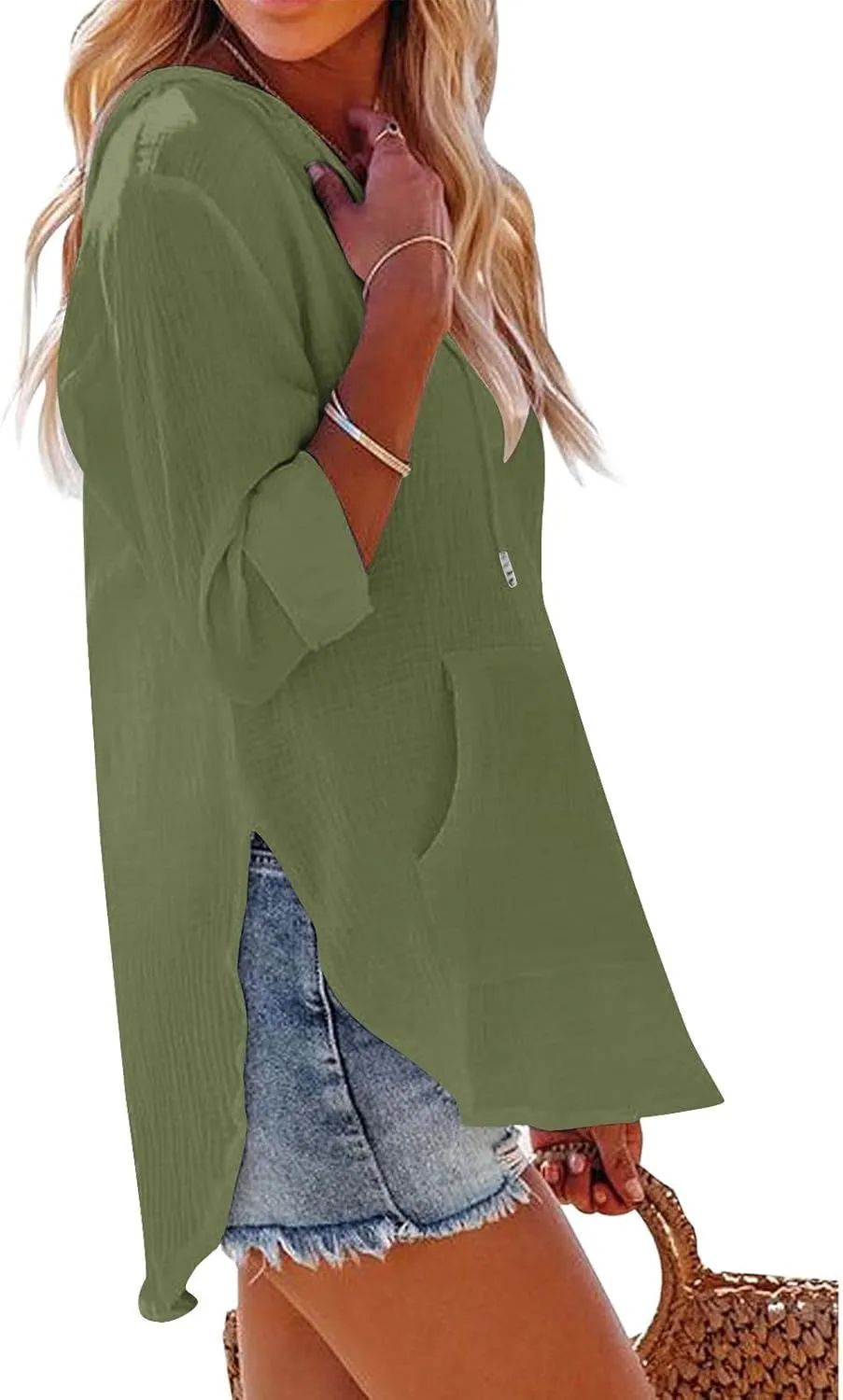 Wkishenl Women's Casual Long Sleeve Tops Drawstring Hooded Solid Color Sweatshirt Summer and Fall V-Neck Pullover with Pocket