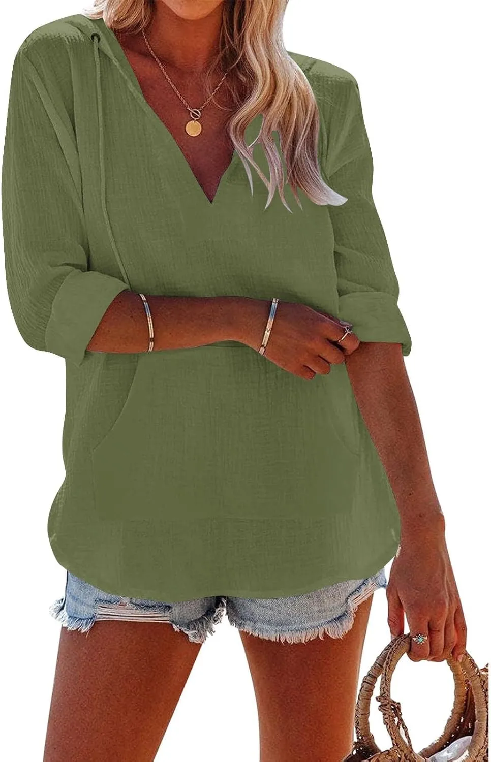 Wkishenl Women's Casual Long Sleeve Tops Drawstring Hooded Solid Color Sweatshirt Summer and Fall V-Neck Pullover with Pocket