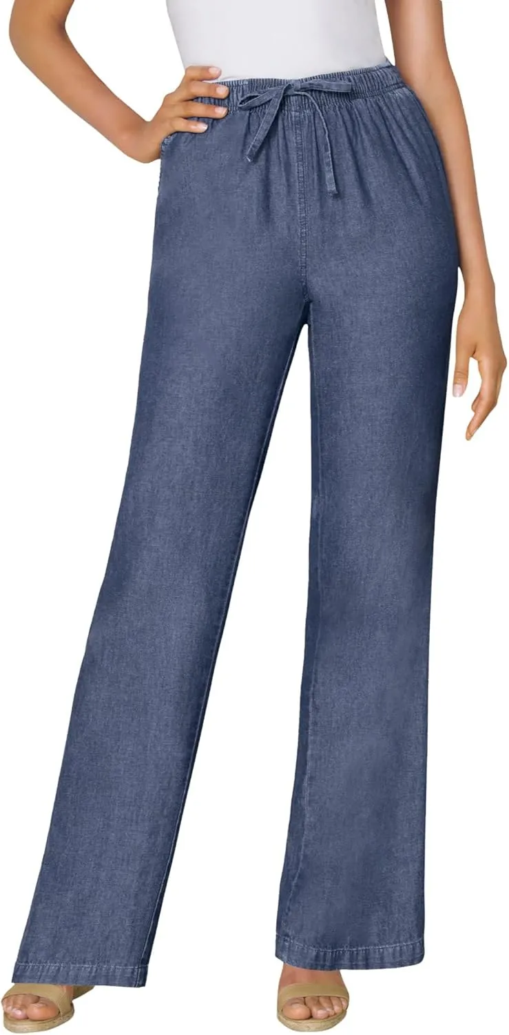 Woman Within Plus Size Drawstring Denim Wide-Leg Denim Pant