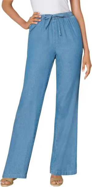 Woman Within Plus Size Drawstring Denim Wide-Leg Denim Pant