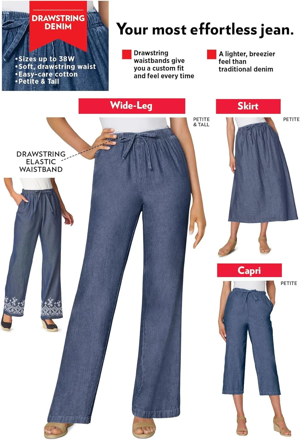 Woman Within Plus Size Drawstring Denim Wide-Leg Denim Pant