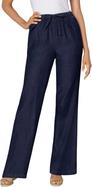Woman Within Plus Size Drawstring Denim Wide-Leg Denim Pant