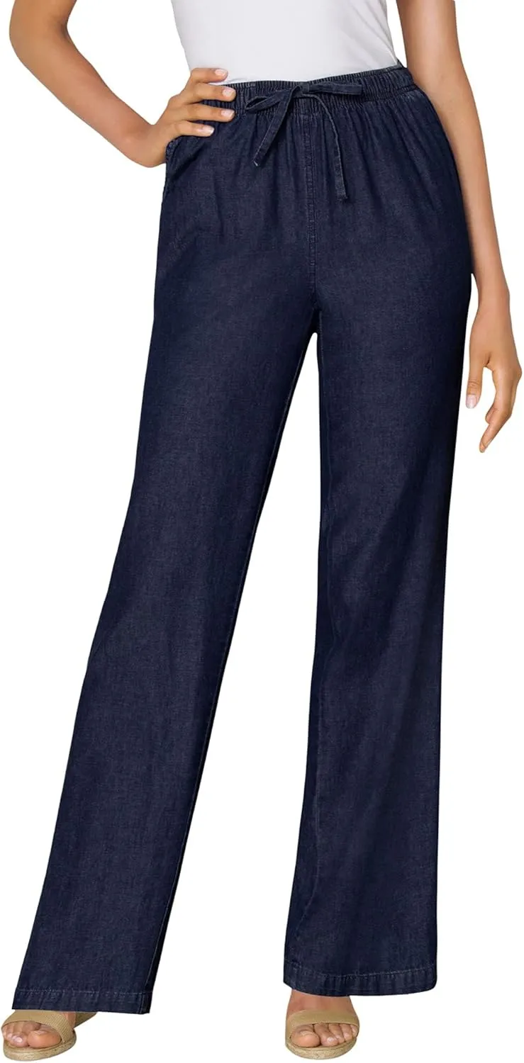 Woman Within Plus Size Drawstring Denim Wide-Leg Denim Pant