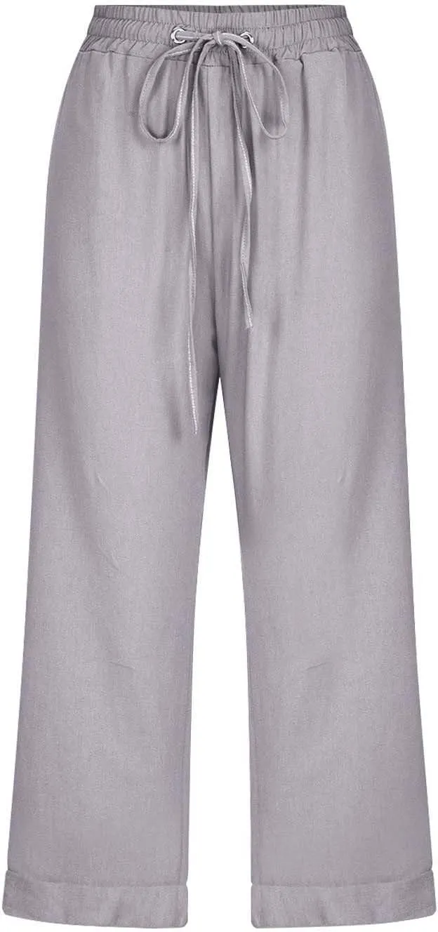 Women 3/4 Length Cotton Linen Pants Trendy Hiking Jogger Athletic Sweatpants High Waisted Straight Leg Casual Trouser