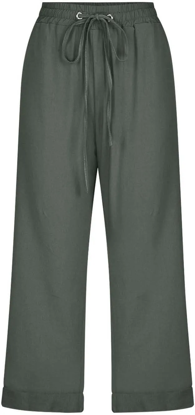 Women 3/4 Length Cotton Linen Pants Trendy Hiking Jogger Athletic Sweatpants High Waisted Straight Leg Casual Trouser