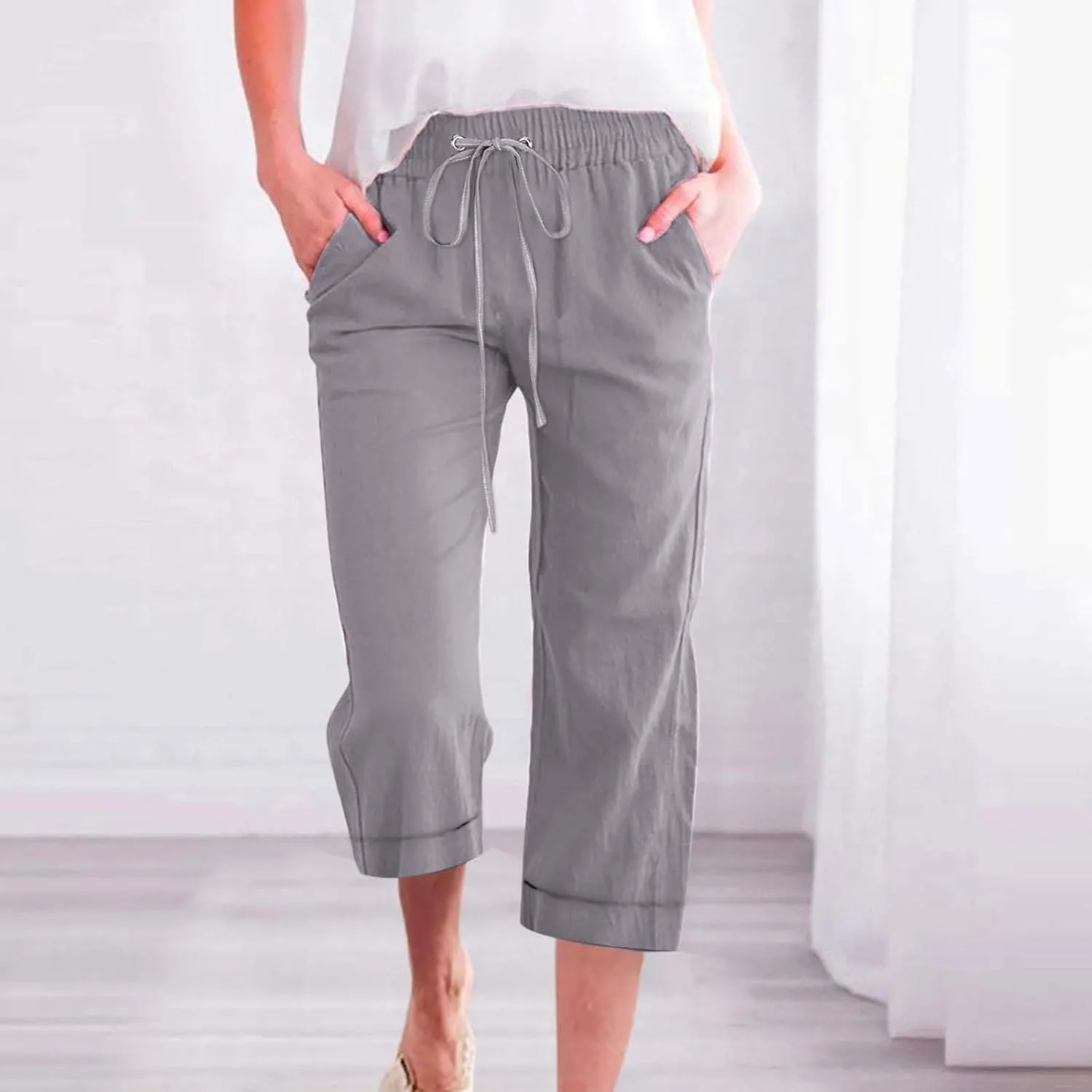 Women 3/4 Length Cotton Linen Pants Trendy Hiking Jogger Athletic Sweatpants High Waisted Straight Leg Casual Trouser
