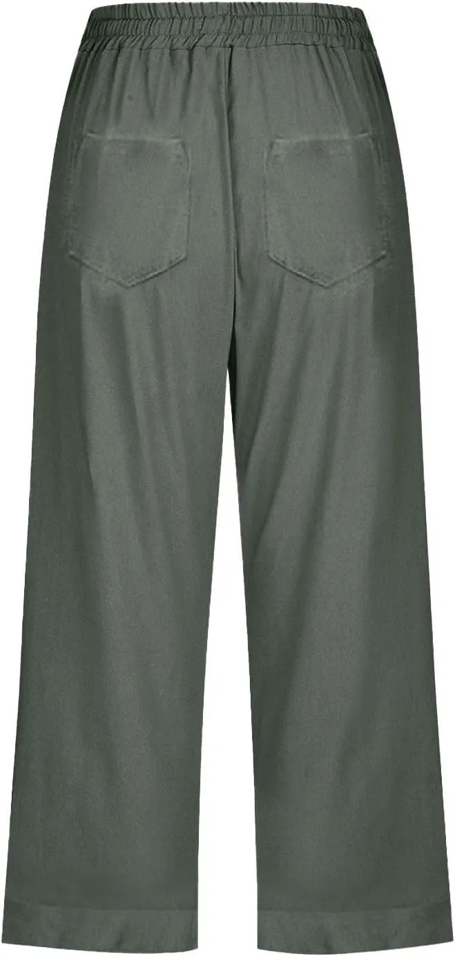 Women 3/4 Length Cotton Linen Pants Trendy Hiking Jogger Athletic Sweatpants High Waisted Straight Leg Casual Trouser