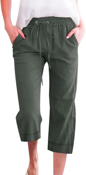 Women 3/4 Length Cotton Linen Pants Trendy Hiking Jogger Athletic Sweatpants High Waisted Straight Leg Casual Trouser