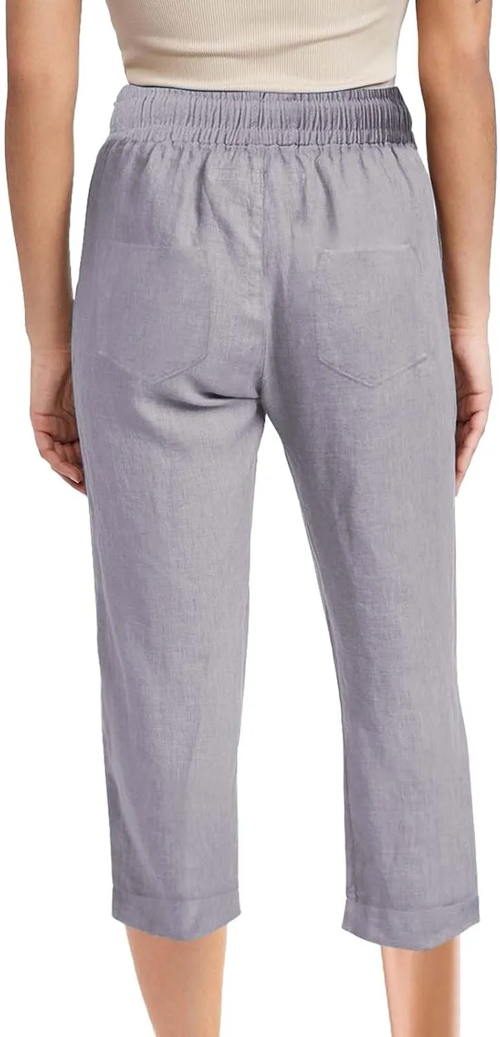 Women 3/4 Length Cotton Linen Pants Trendy Hiking Jogger Athletic Sweatpants High Waisted Straight Leg Casual Trouser