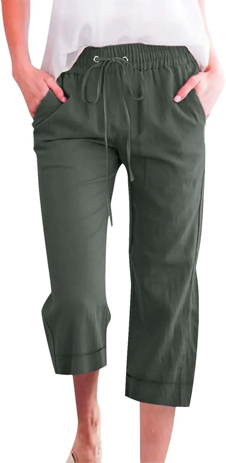 Women 3/4 Length Cotton Linen Pants Trendy Hiking Jogger Athletic Sweatpants High Waisted Straight Leg Casual Trouser